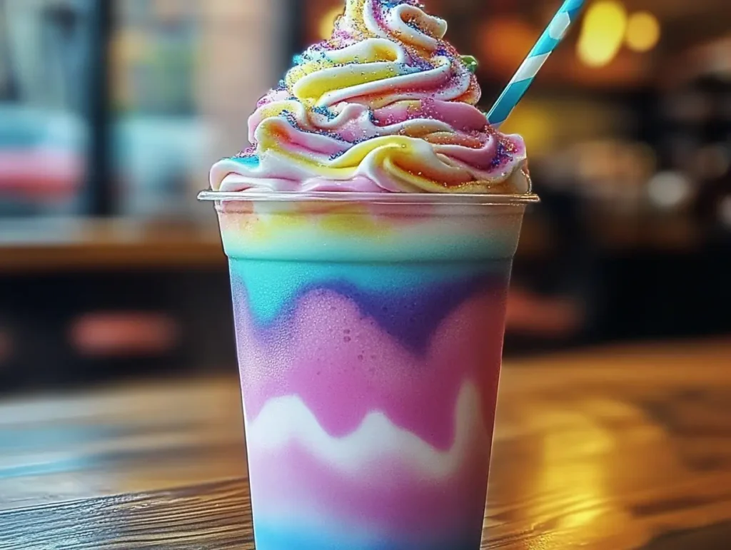 Rainbow frappuccino, DIY unicorn drink, homemade frappuccino, colorful frappuccino, magical frappuccino recipe