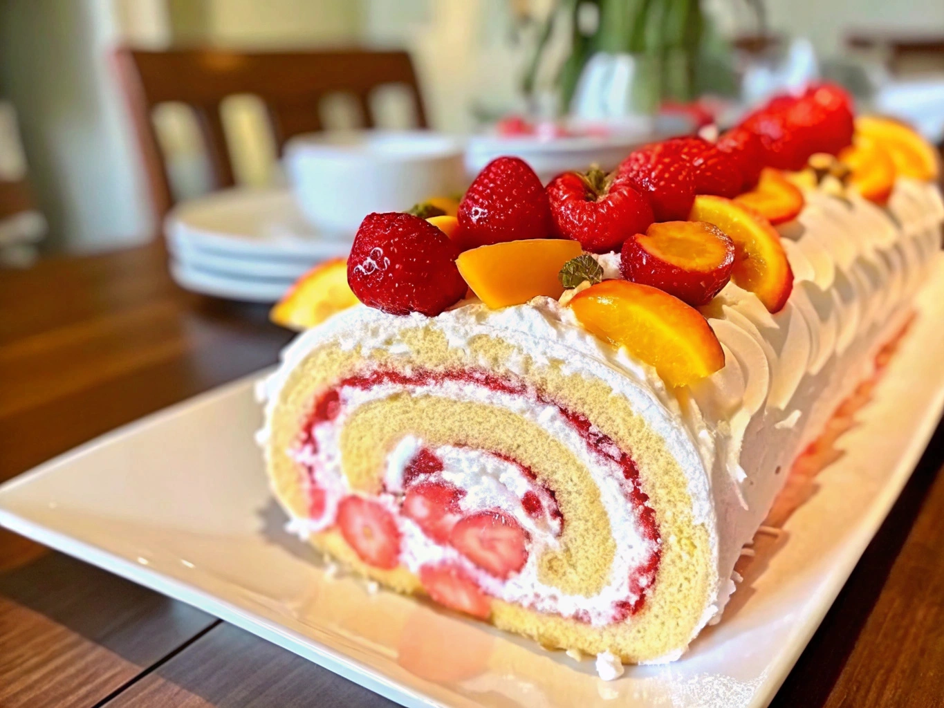 Strawberry cake roll, strawberry swiss roll, cake roll with strawberries, birthday cake roll with strawberries, fresh strawberry dessert