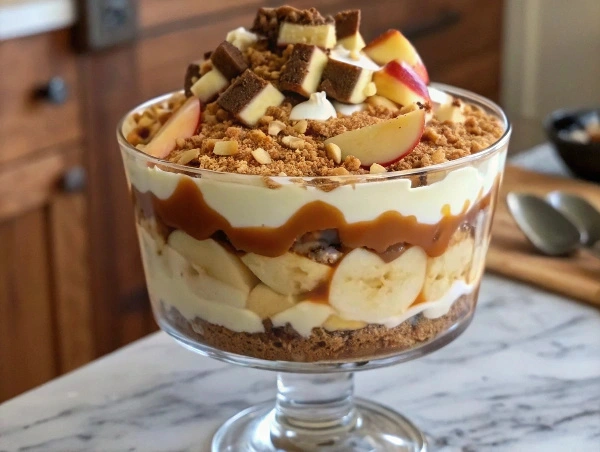 Fall dessert trifle, Caramel apple layered dessert, Cookie dough apple trifle, Easy fall dessert recipe, Trifle with caramel and apples