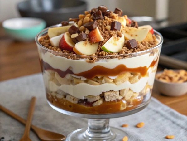 Fall dessert trifle, Caramel apple layered dessert, Cookie dough apple trifle, Easy fall dessert recipe, Trifle with caramel and apples