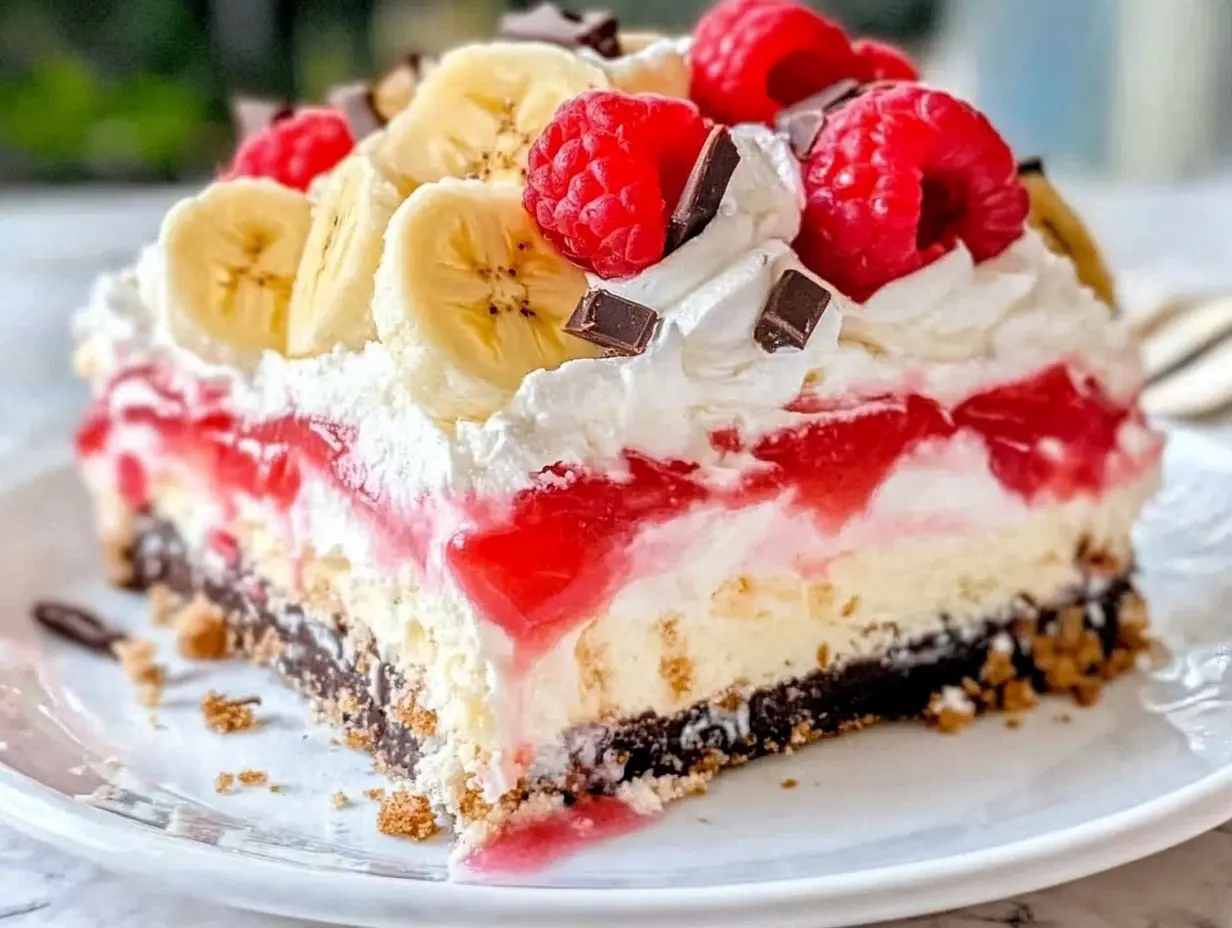 No-Bake Banana Split Dessert, Easy Banana Split Cake Recipe, Layered Banana Split Dessert, Banana Split Cream Cake