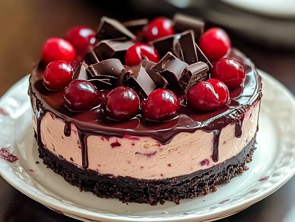 Chocolate cherry cheesecake, cheesecake with cherries, cherry and chocolate dessert, cherry chocolate cake