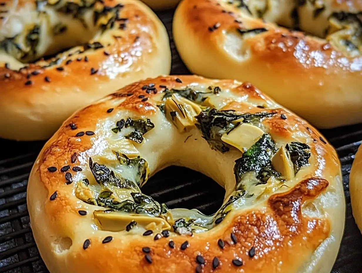 Spinach-Artichoke Bagel Recipe, Cheesy Bagels with Spinach, Homemade Spinach Artichoke Bagels, Savory Bagels with Cheese and Vegetables