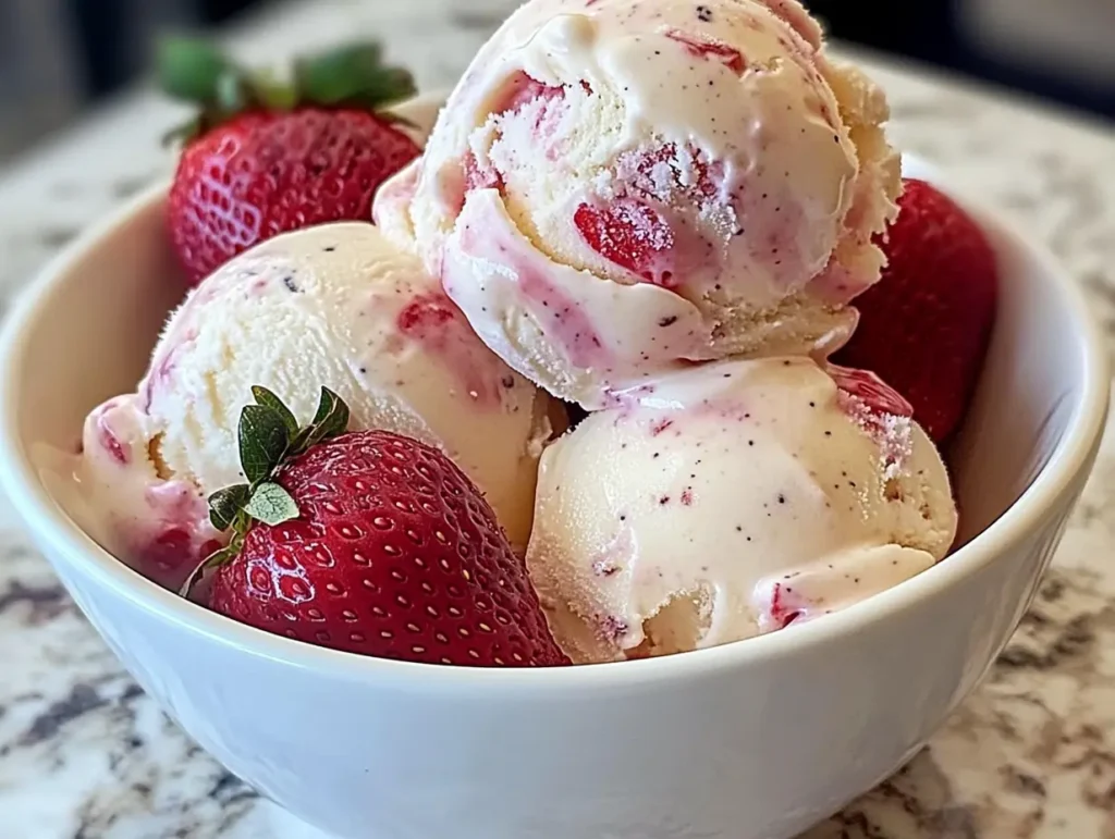 Homemade strawberry ice cream, vanilla bean ice cream with strawberries, fresh strawberry ice cream recipe, creamy vanilla and strawberry ice cream.