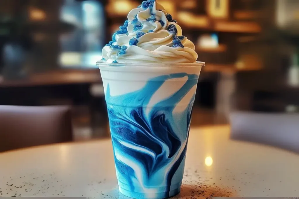 Vanilla Bean Frappe with Blue Raspberry Syrup, Blue Raspberry Frappuccino, Vanilla Bean Frappe Recipe, Blue Raspberry Drizzle Drink, Homemade Vanilla Bean Frappuccino.