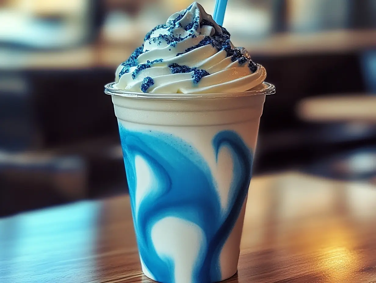 Vanilla Bean Frappe with Blue Raspberry Syrup, Blue Raspberry Frappuccino, Vanilla Bean Frappe Recipe, Blue Raspberry Drizzle Drink, Homemade Vanilla Bean Frappuccino.