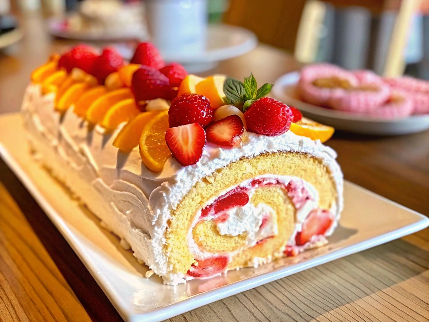 Strawberry cake roll, strawberry swiss roll, cake roll with strawberries, birthday cake roll with strawberries, fresh strawberry dessert