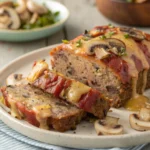 Cheesy Bacon Mushroom Meatloaf, Gourmet Bacon and Mushroom Meatloaf, Swiss Cheese Bacon Meatloaf, Bacon-Infused Mushroom Meatloaf, Hearty Bacon and Cheese Meatloaf